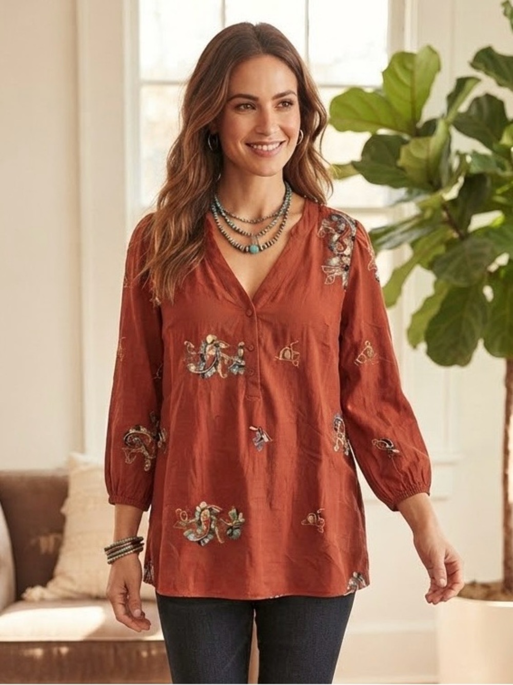 Cleo Petites Rust Orange Terracotta Embroidered Bohemian Peasant Tunic Blouse